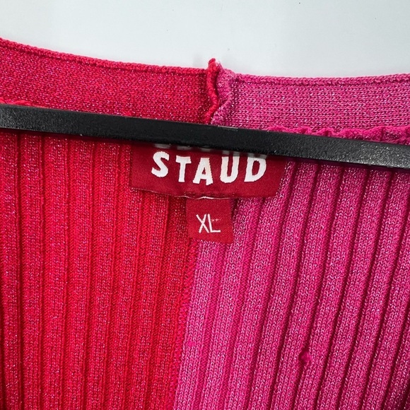 Staud Cargo Two Tone Rib Knit Metallic Sweater Cardigan In Lava & Peony - Picture 4 of 8